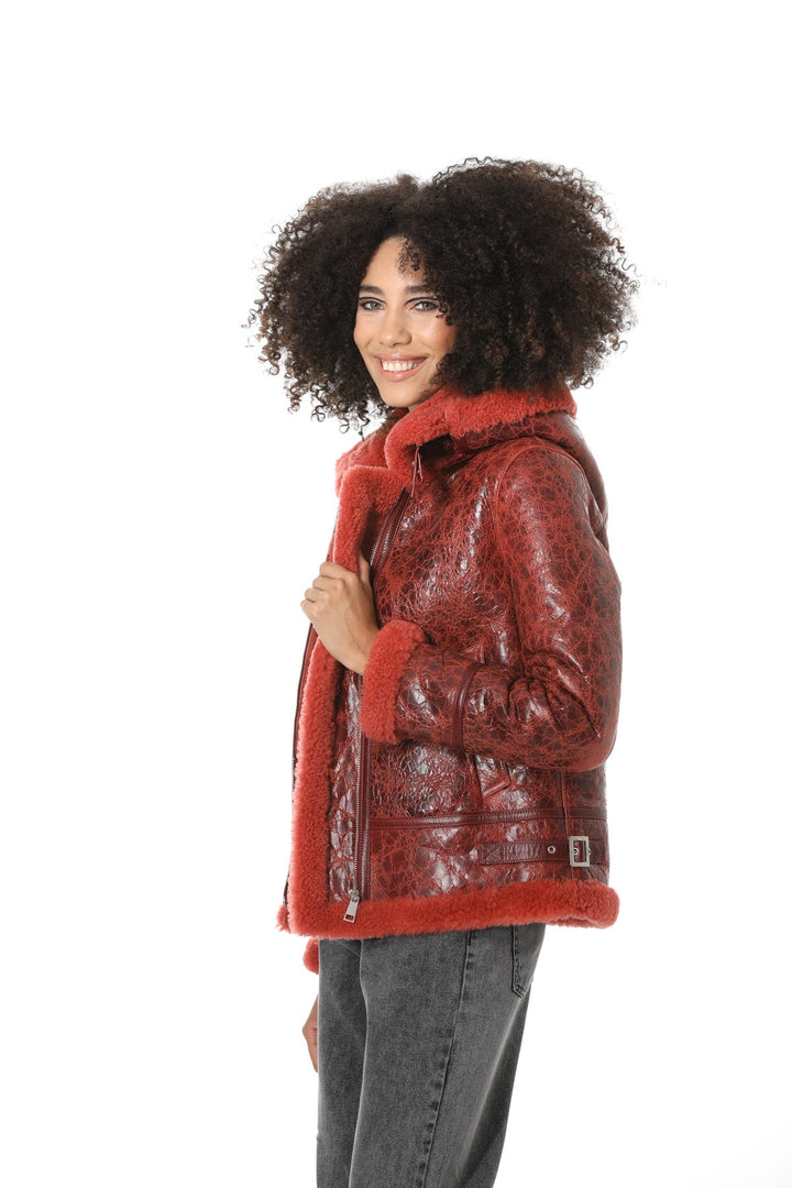Burgundy sheepskin shearling jacket with hood
