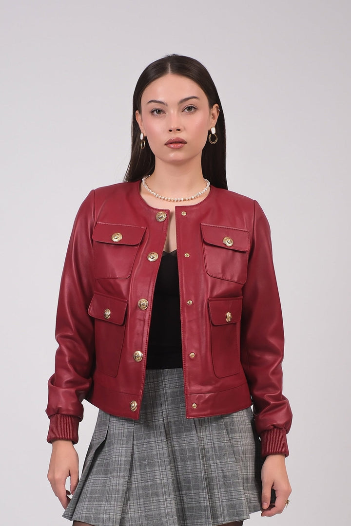 Woman wearing red leather jacket