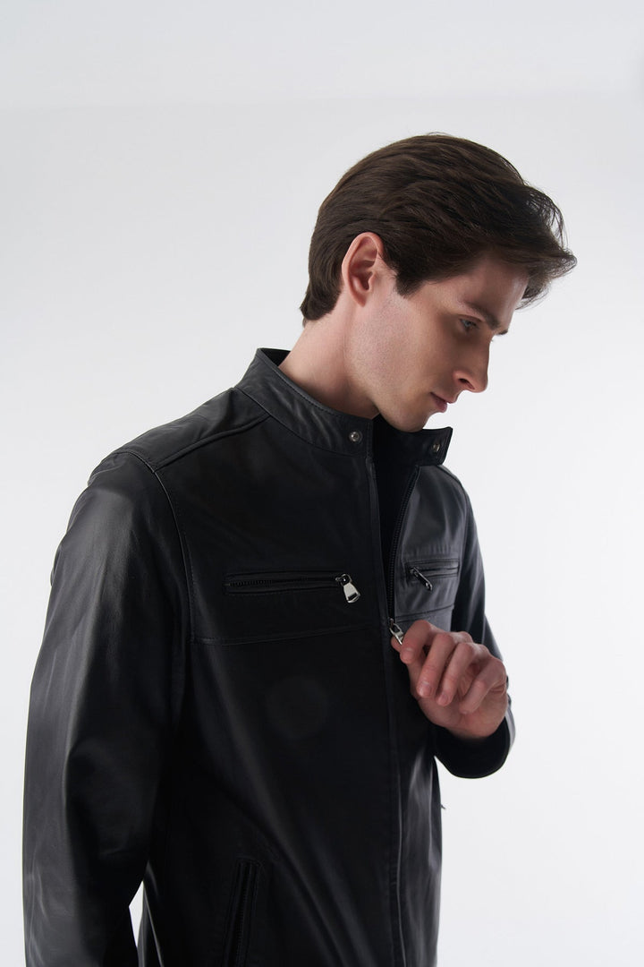 Man wearing black leather jacket