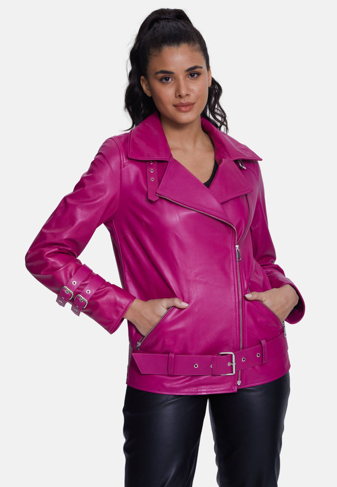 Pink leather biker jacket on model
