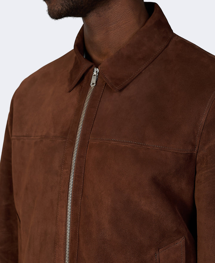 Brown suede zip jacket close-up