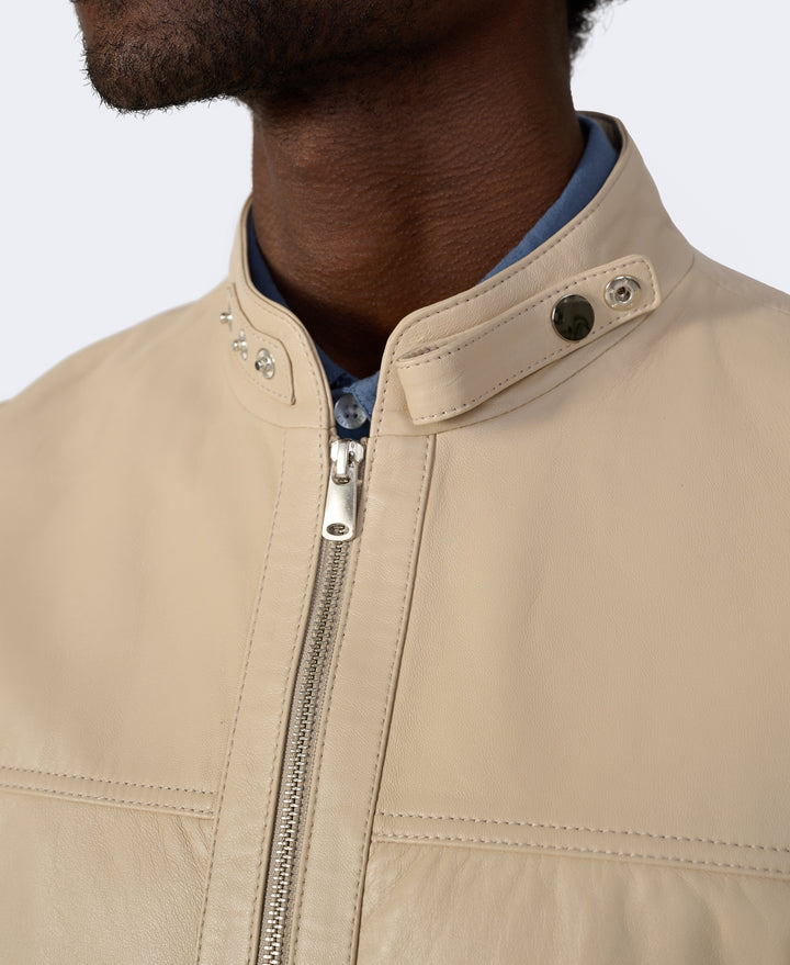 Beige leather jacket collar close-up