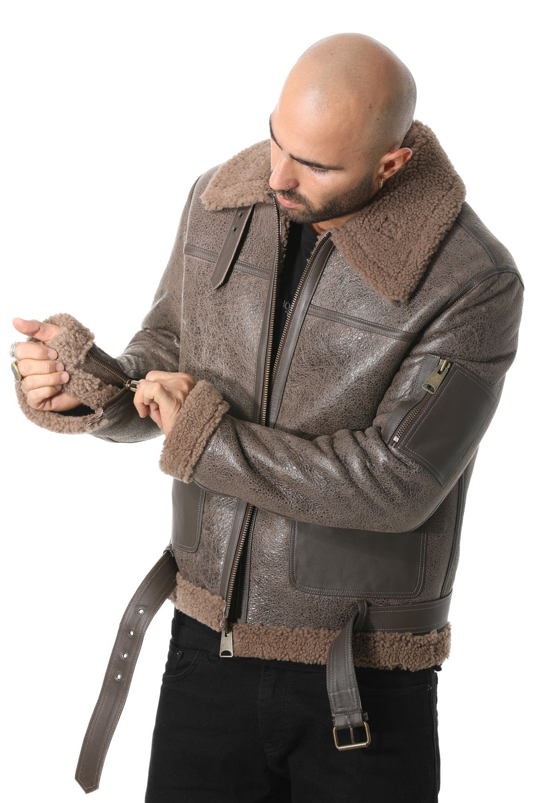 Brown sheepskin pilot jacket on model