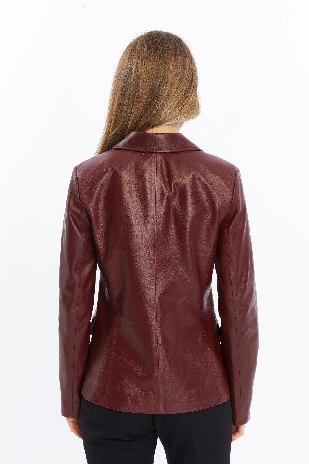 Burgundy leather jacket back view
