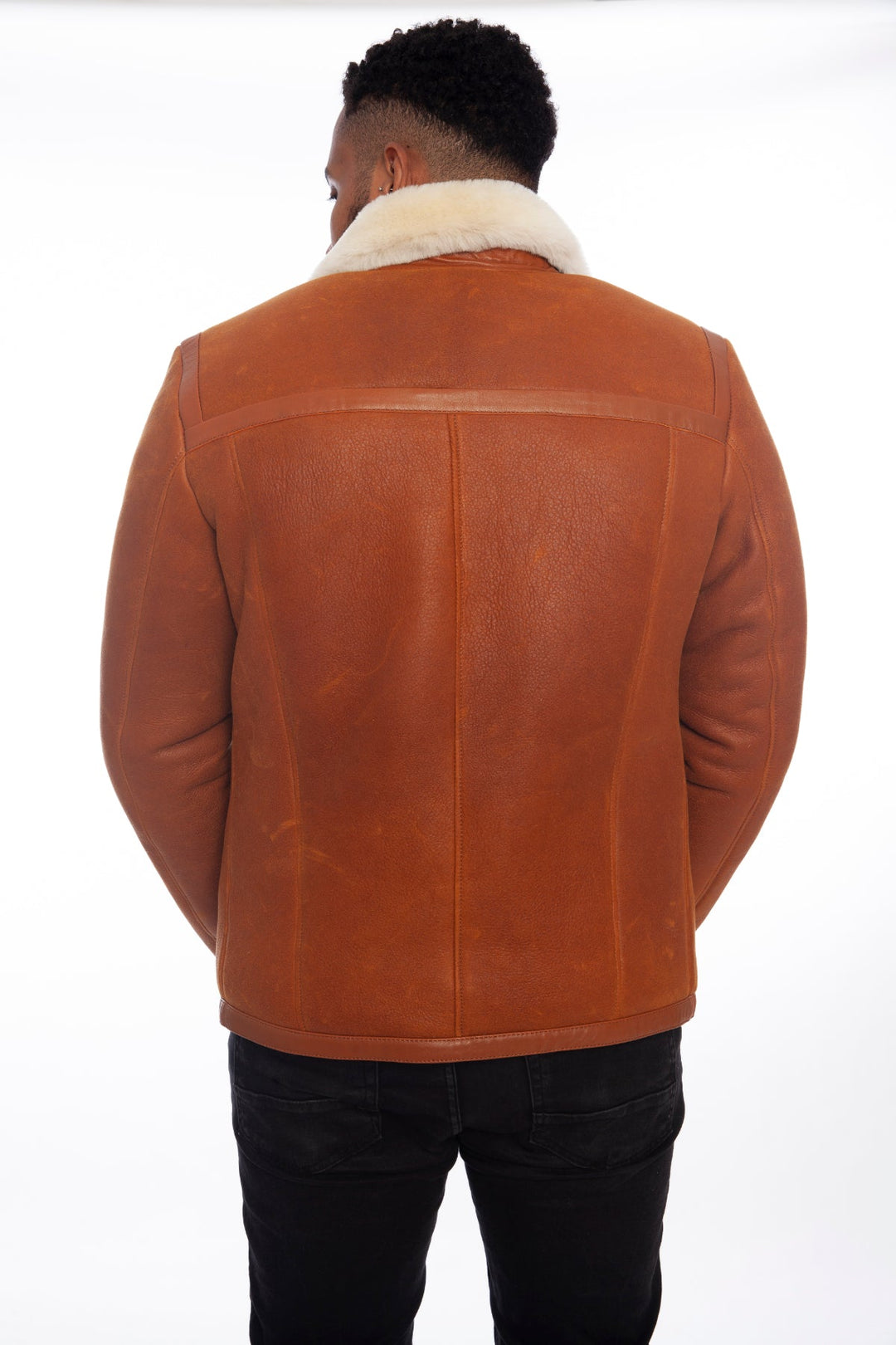 Men's tan shearling jacket - back view