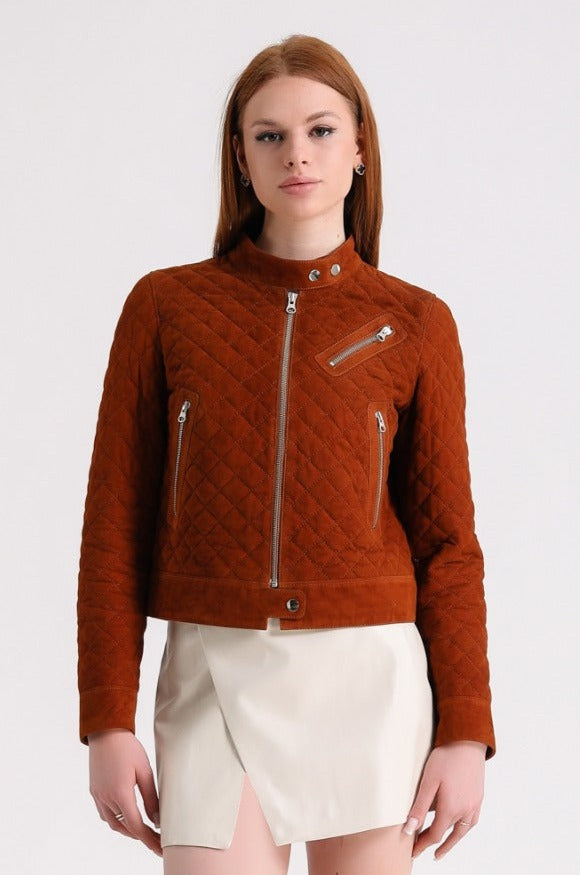 Rust quilted suede jacket on model