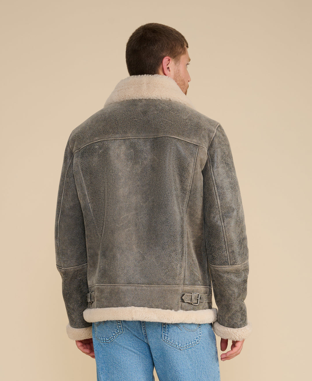 Grey shearling aviator jacket back view
