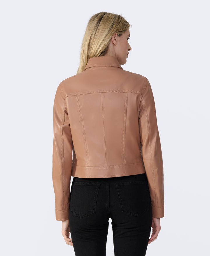 Tan leather jacket back view