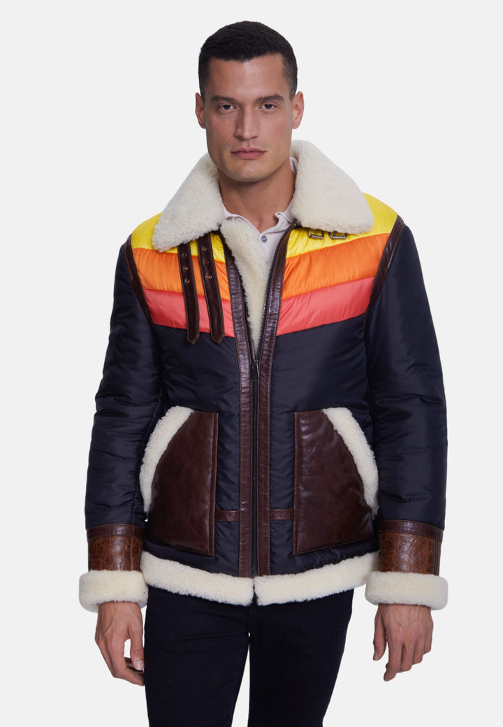 Man wearing brown shearling coat