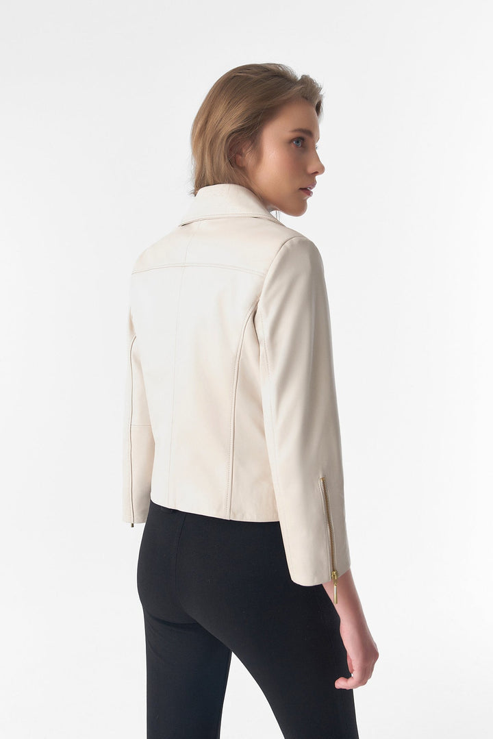 Beige leather jacket back view