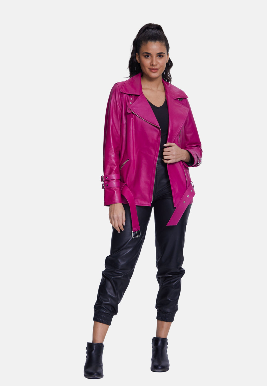 Woman wearing pink leather biker jacket
