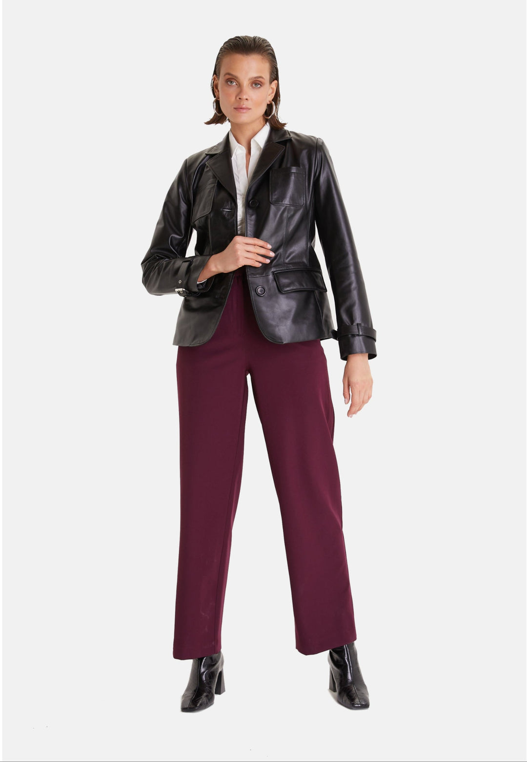 Woman wearing black leather jacket