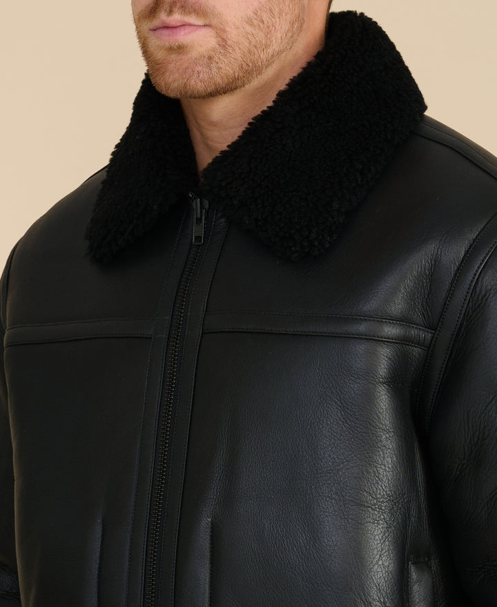 Black shearling-collar jacket on model