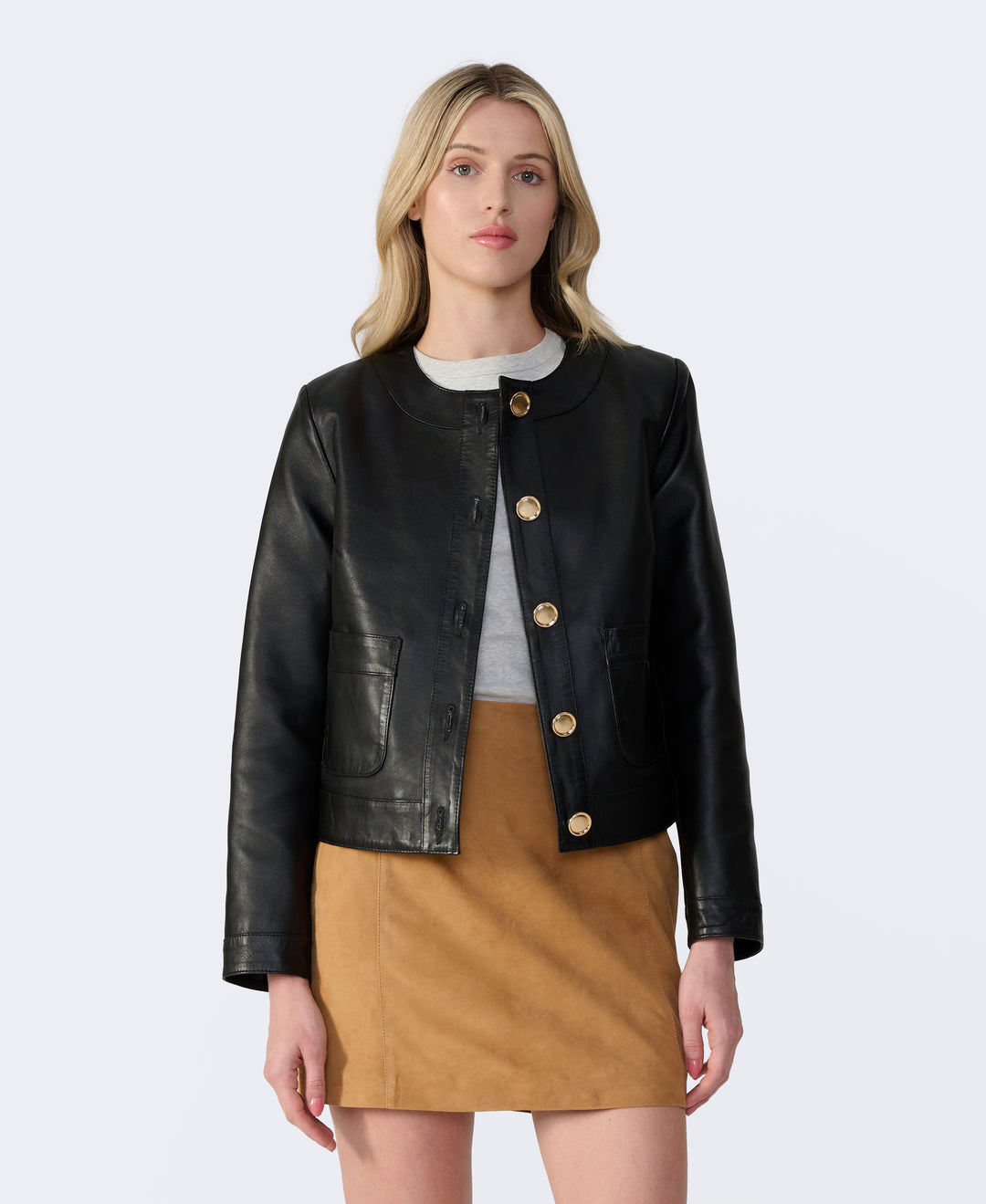 Woman wearing black leather jacket