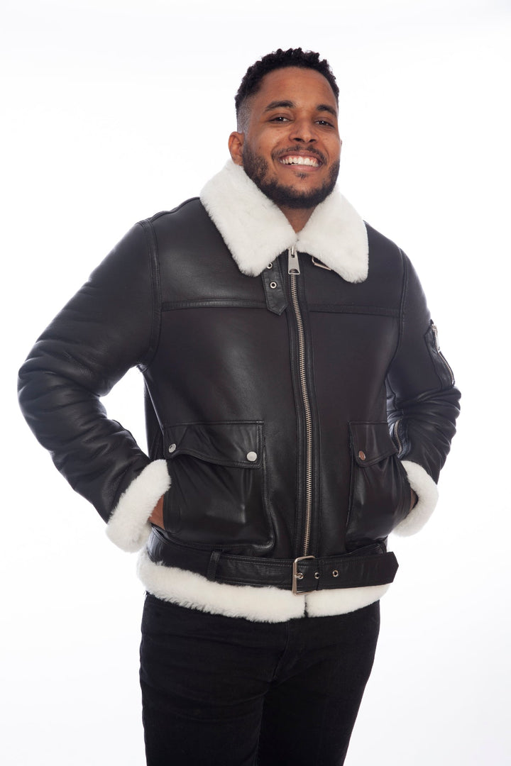 Man wearing dark shearling pilot jacket