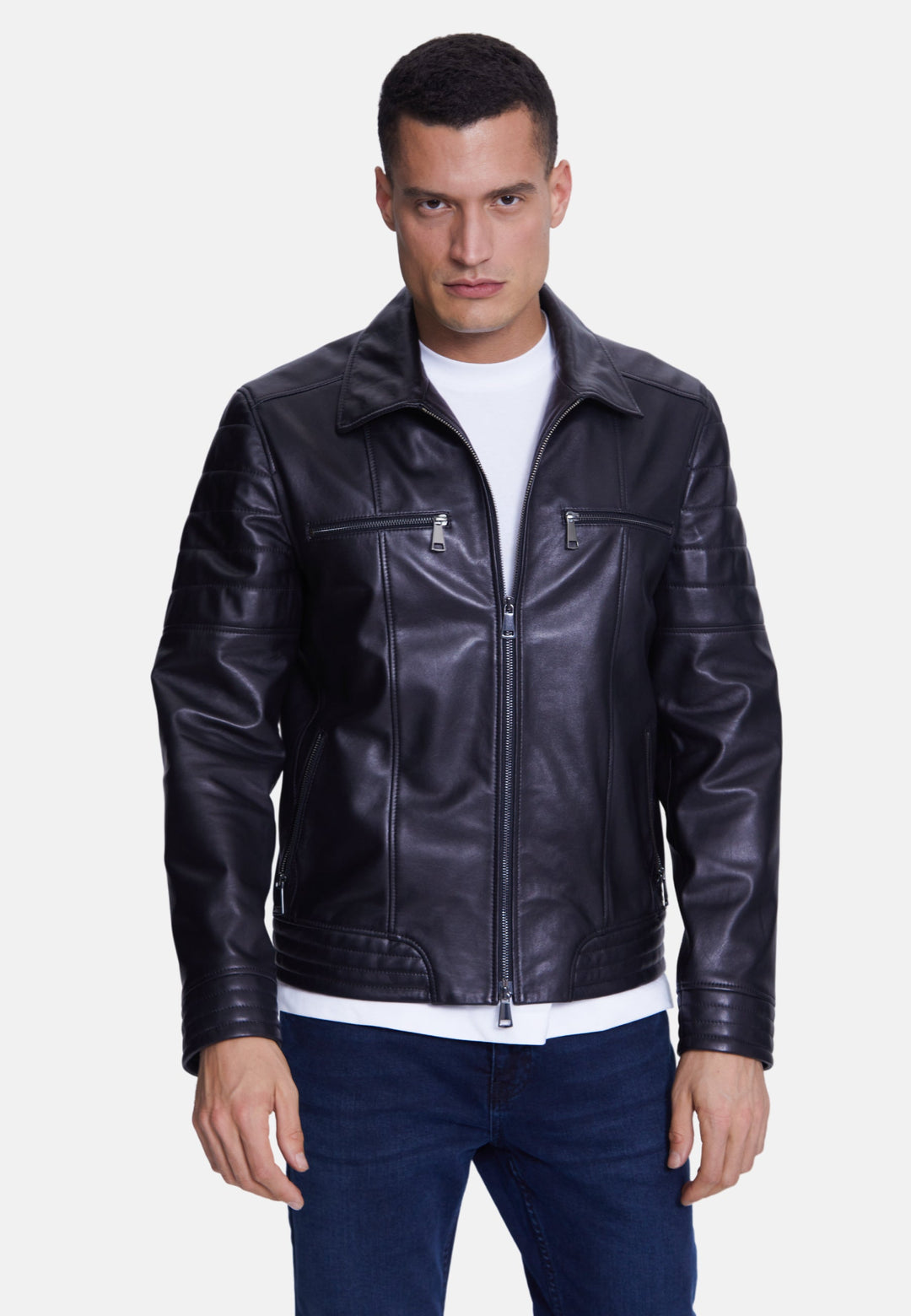 Male model wearing black leather jacket