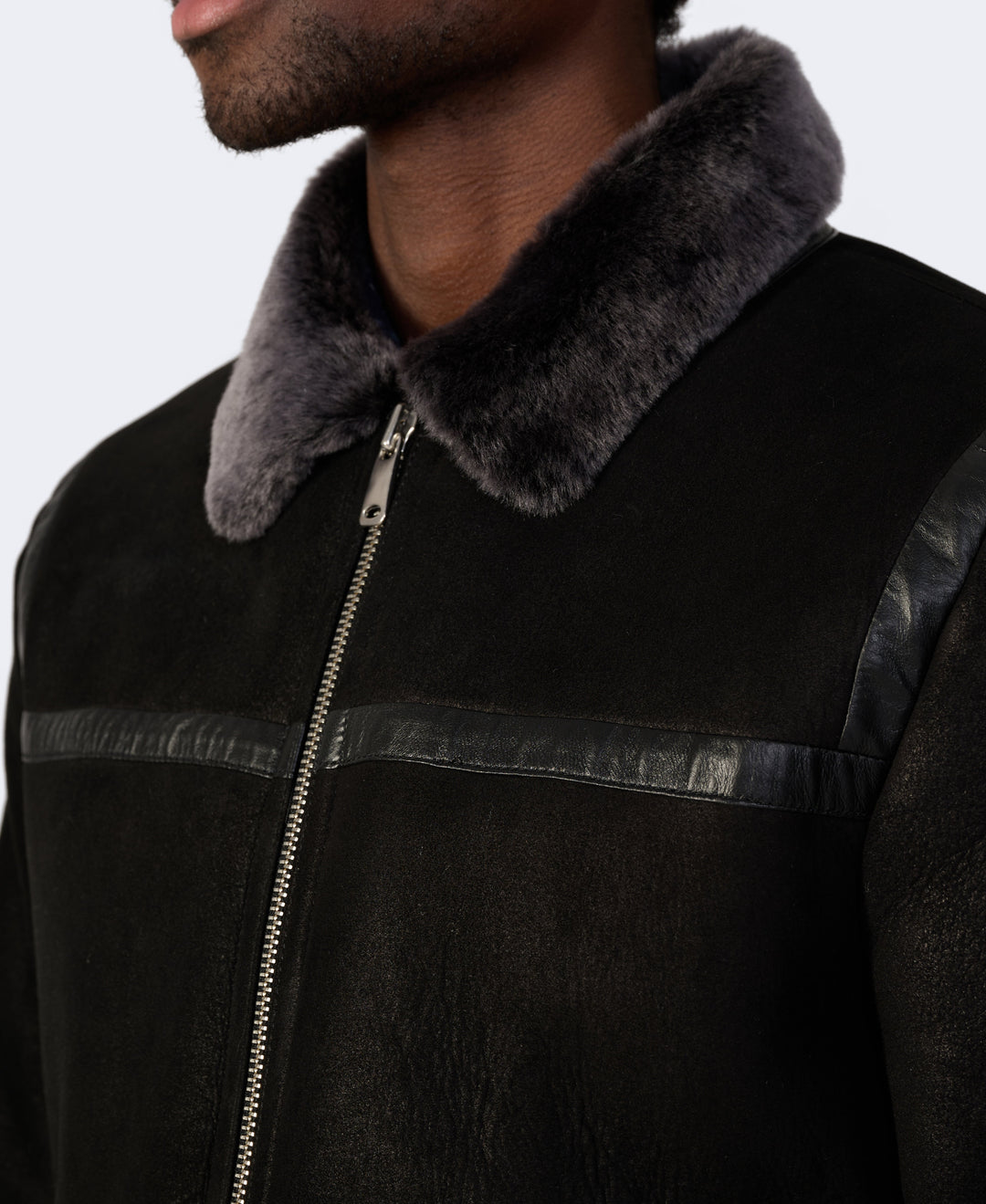 Black shearling jacket with grey fur collar