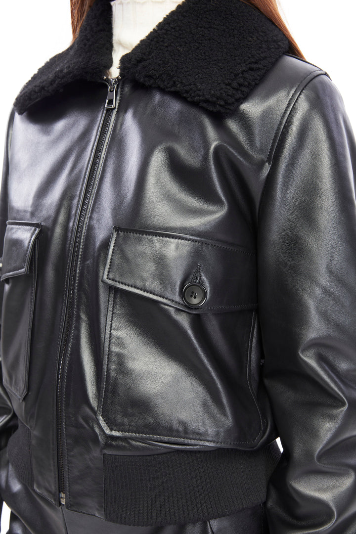 Black leather bomber jacket with shearling collar
