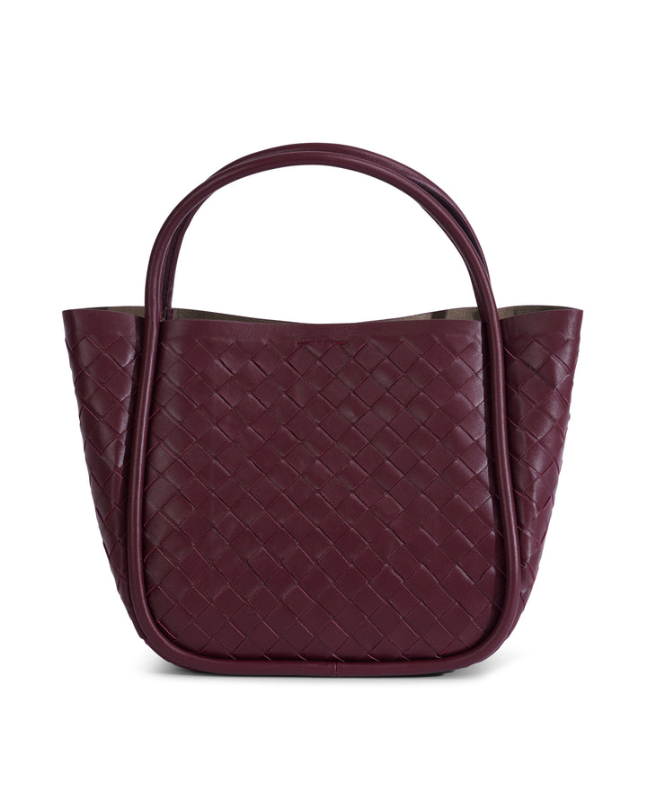 Burgundy woven leather top handle bag