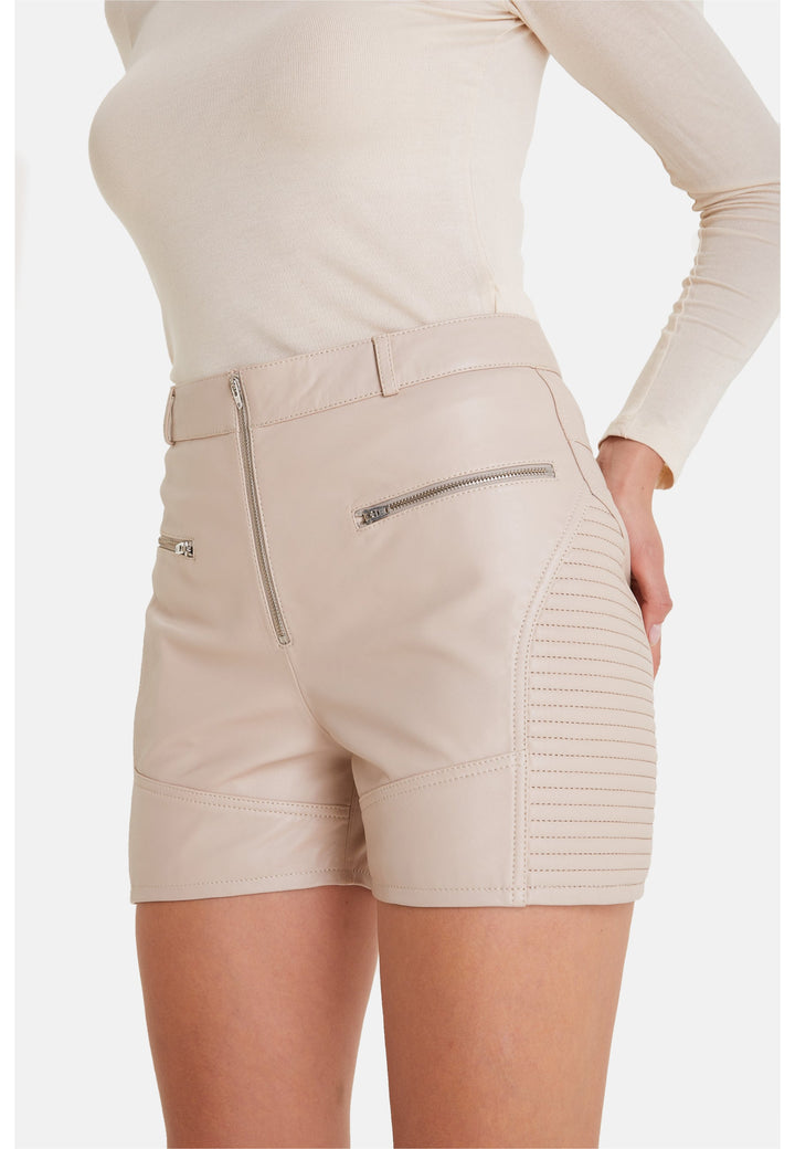Beige women's high-waist leather shorts