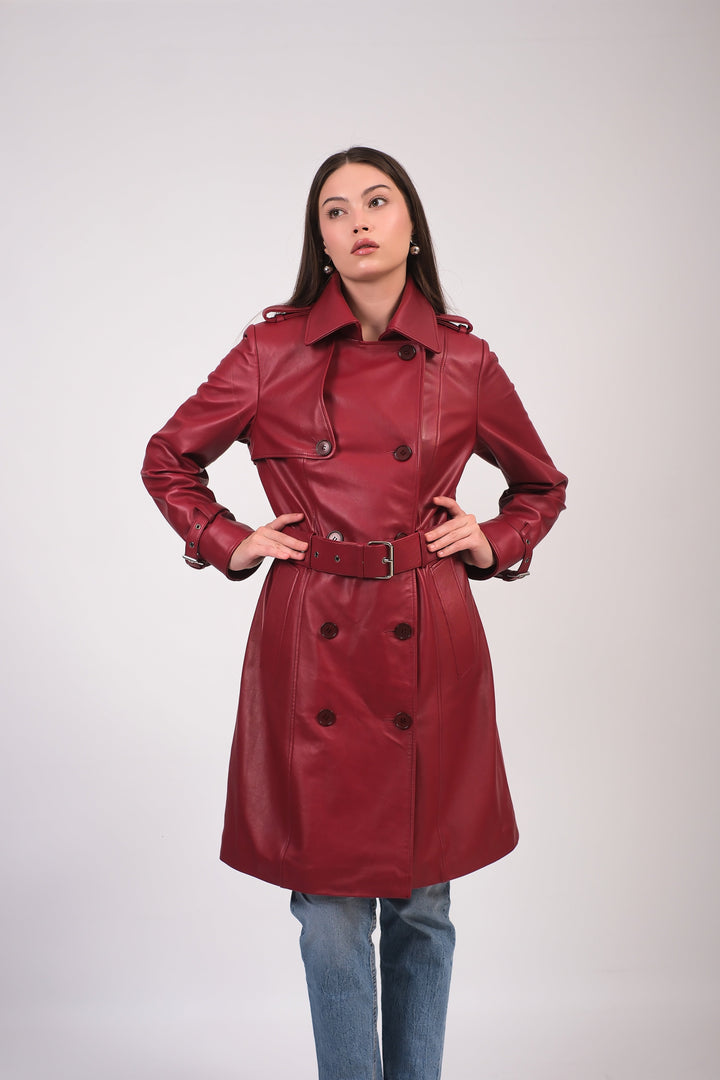 Woman wearing burgundy leather trench coat