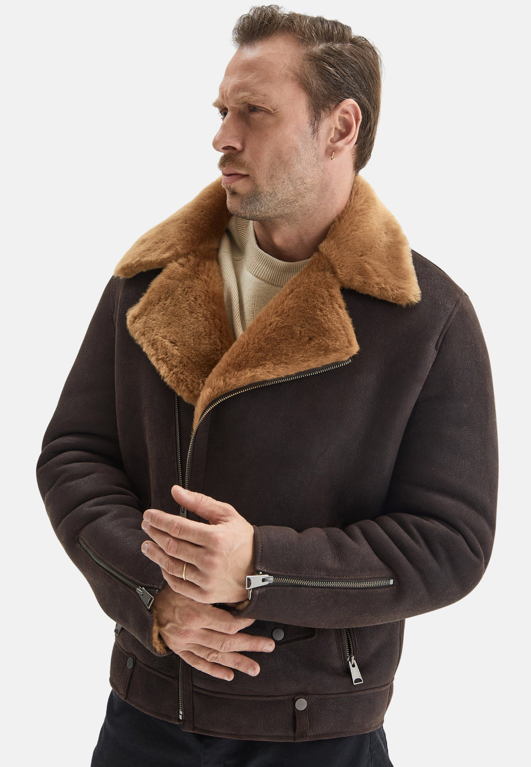 Men wearing brown shearling jacket