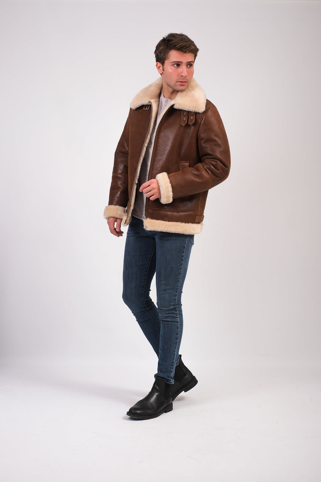 Man in brown shearling aviator jacket