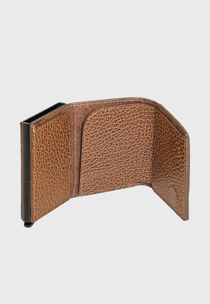 Brown pebbled leather trifold card holder