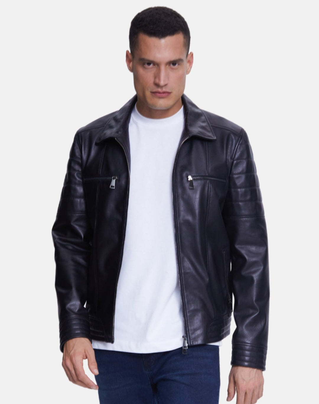 Man wearing black leather jacket