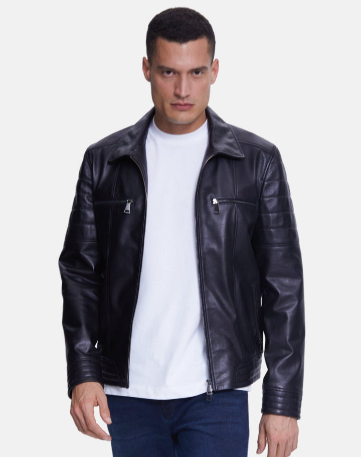 Man wearing black leather jacket