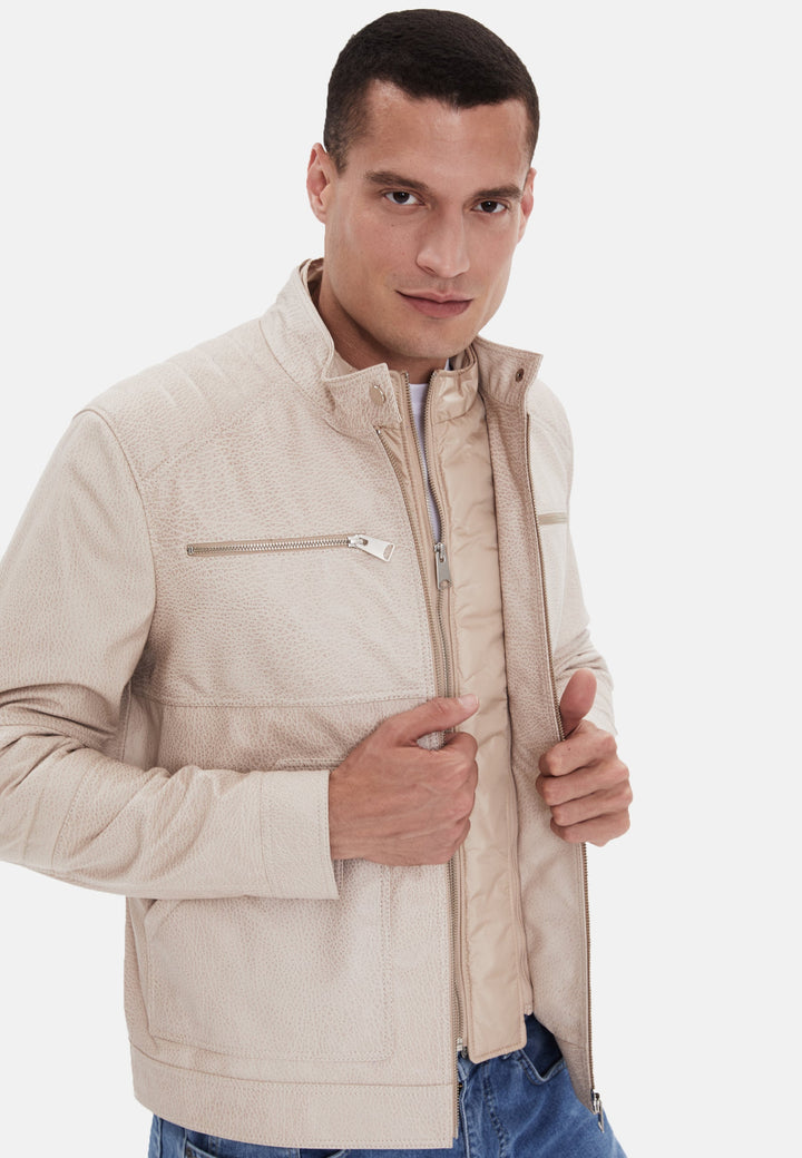 Beige men's leather jacket on model