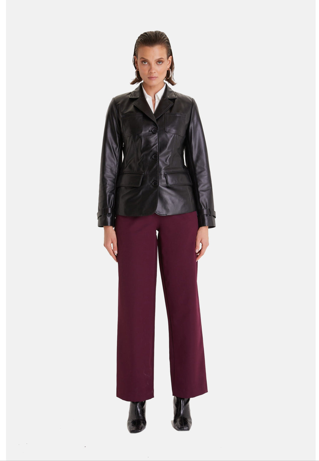 Woman wearing black leather jacket