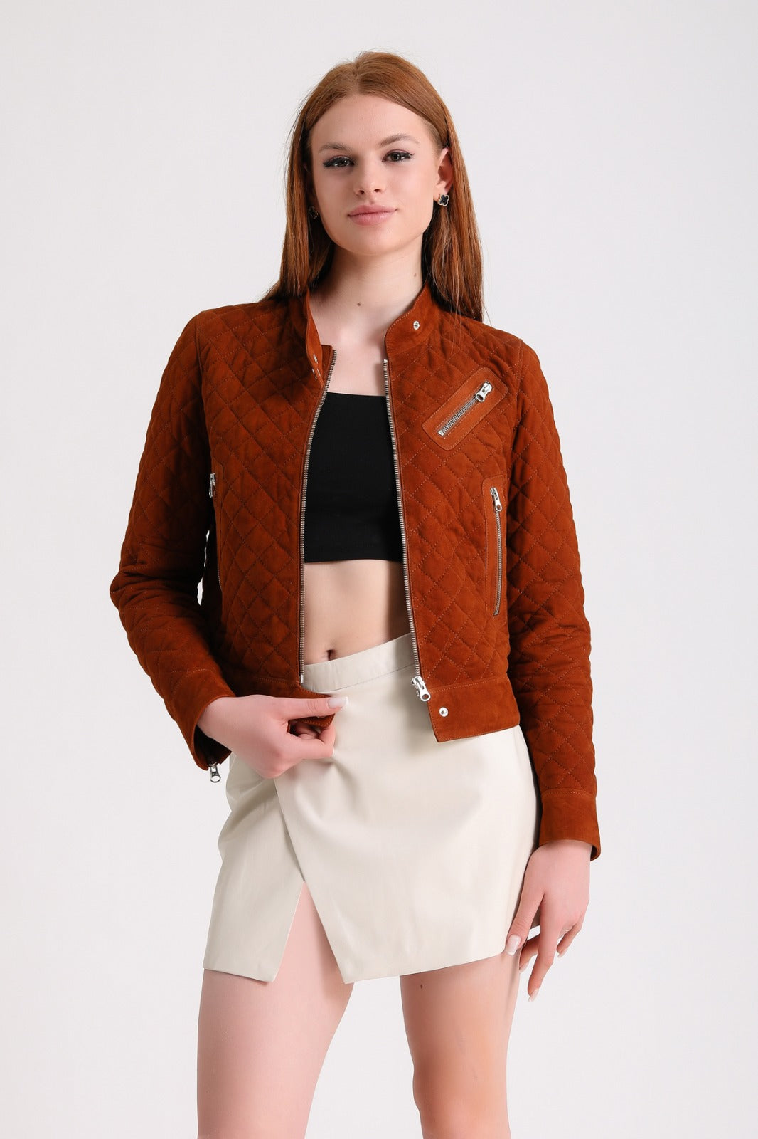 Rust quilted suede biker jacket