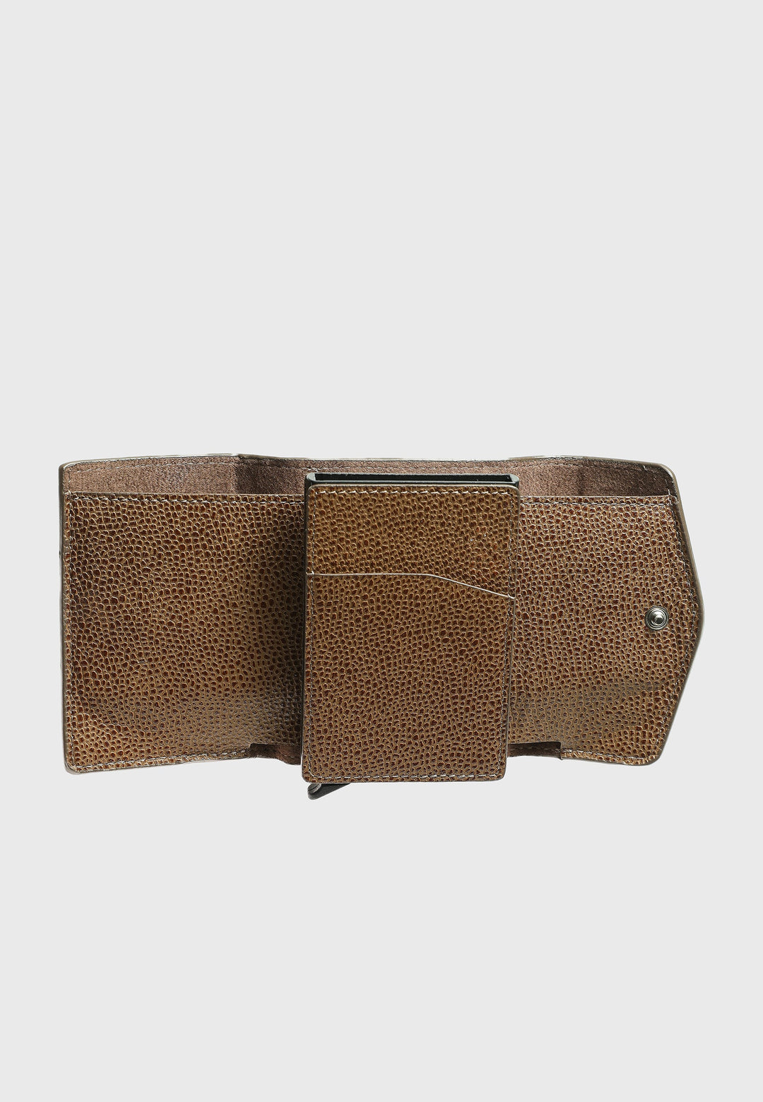 Brown caviar-pattern leather wallet open