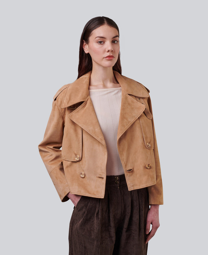 Camel suede cropped double-breasted jacket