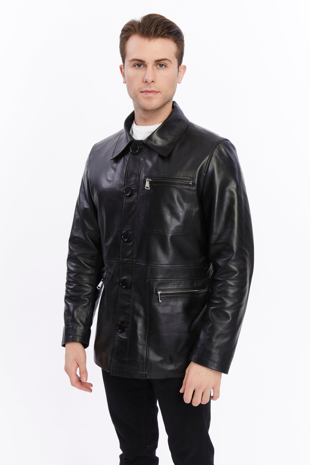 Man wearing black leather jacket