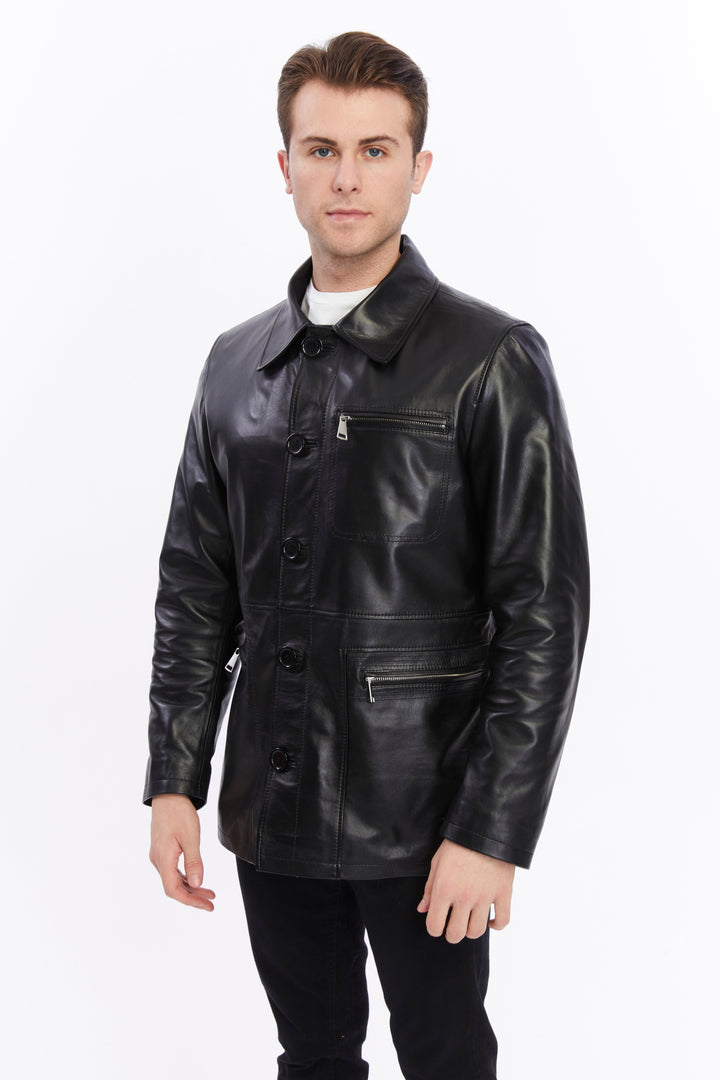 Man wearing black leather jacket