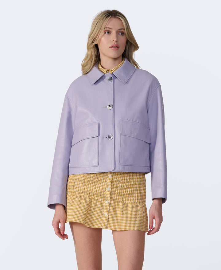 Lilac leather jacket on model