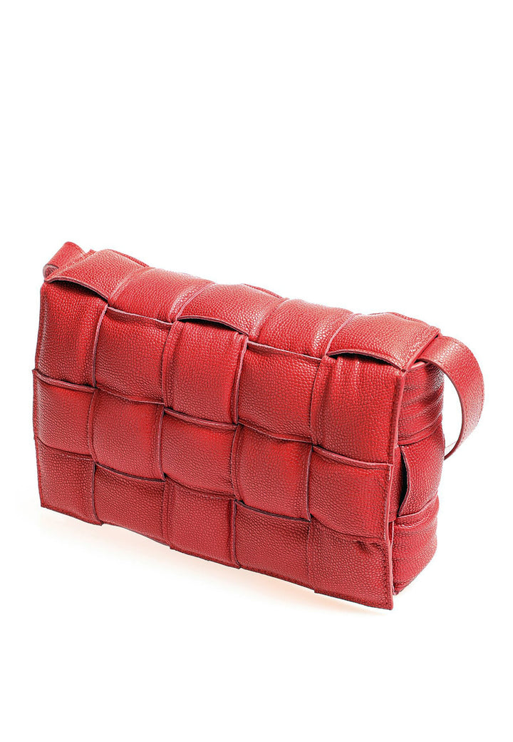 Red pebbled leather woven handbag