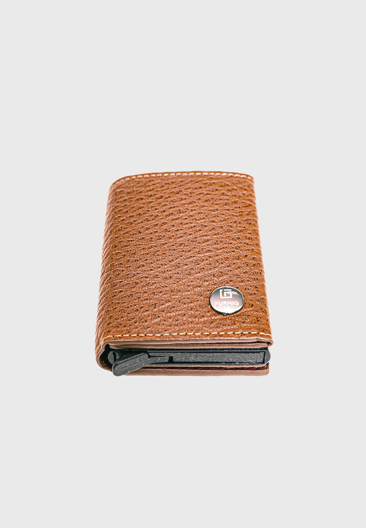 Tan textured leather trifold card holder