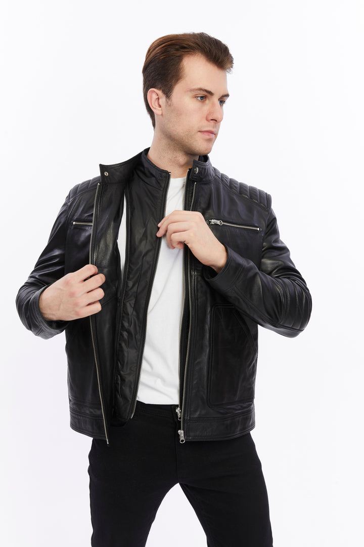 Man wearing black leather jacket