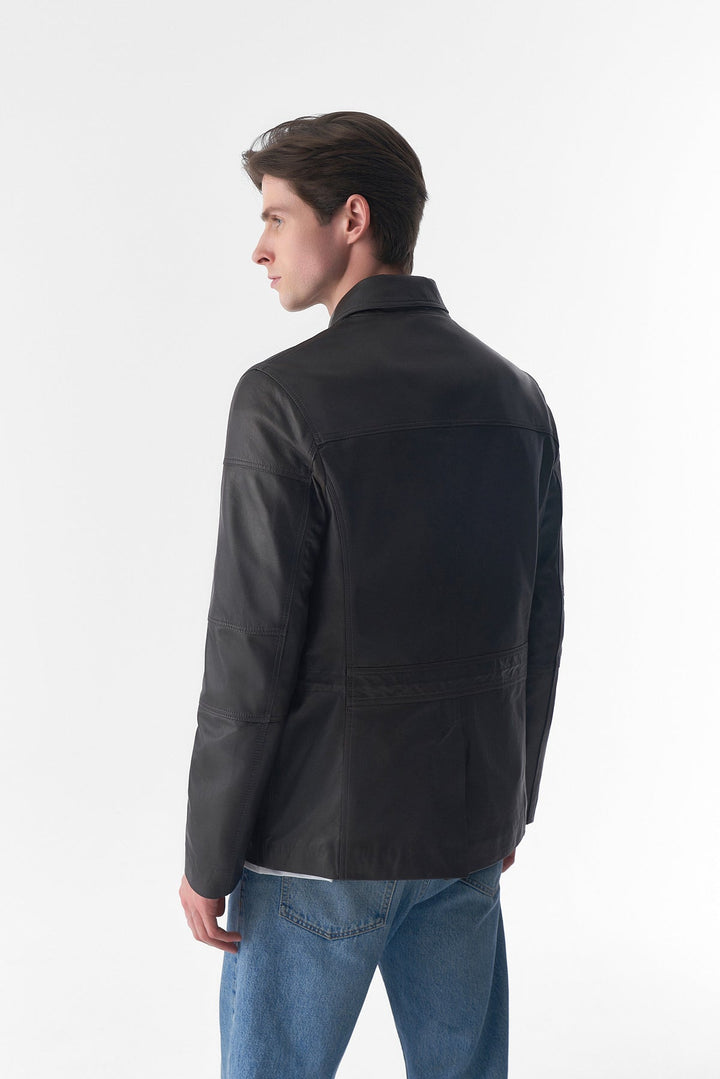 Male model wearing black leather jacket