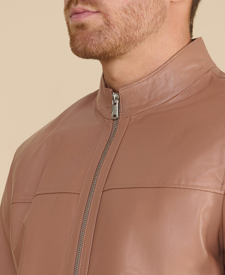 Brown leather racer jacket close-up