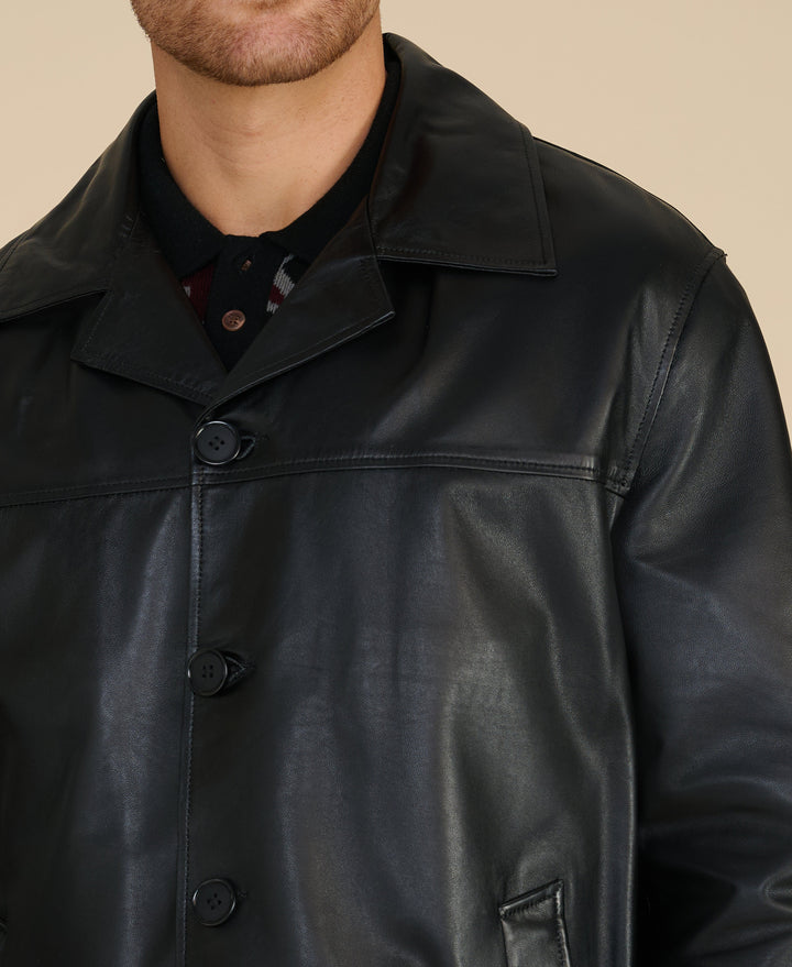 Black leather blazer on male model