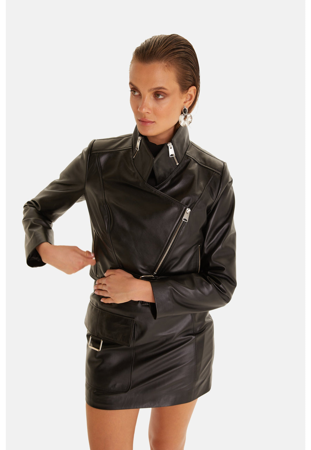 Black leather biker jacket on model