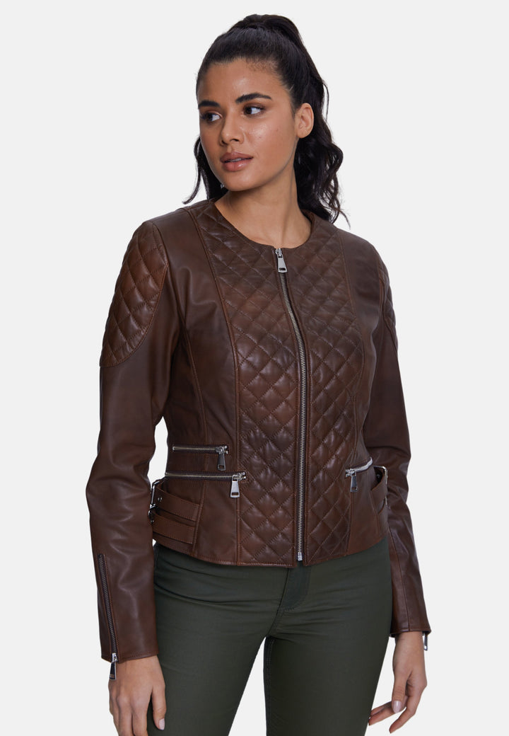 Woman wearing brown quilted leather jacket