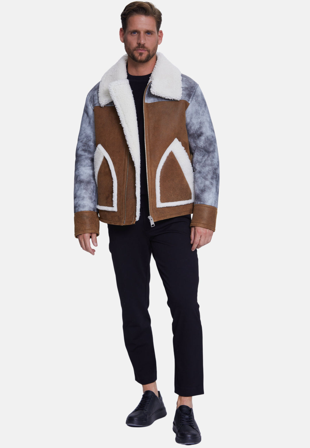 Man wearing brown sheepskin coat