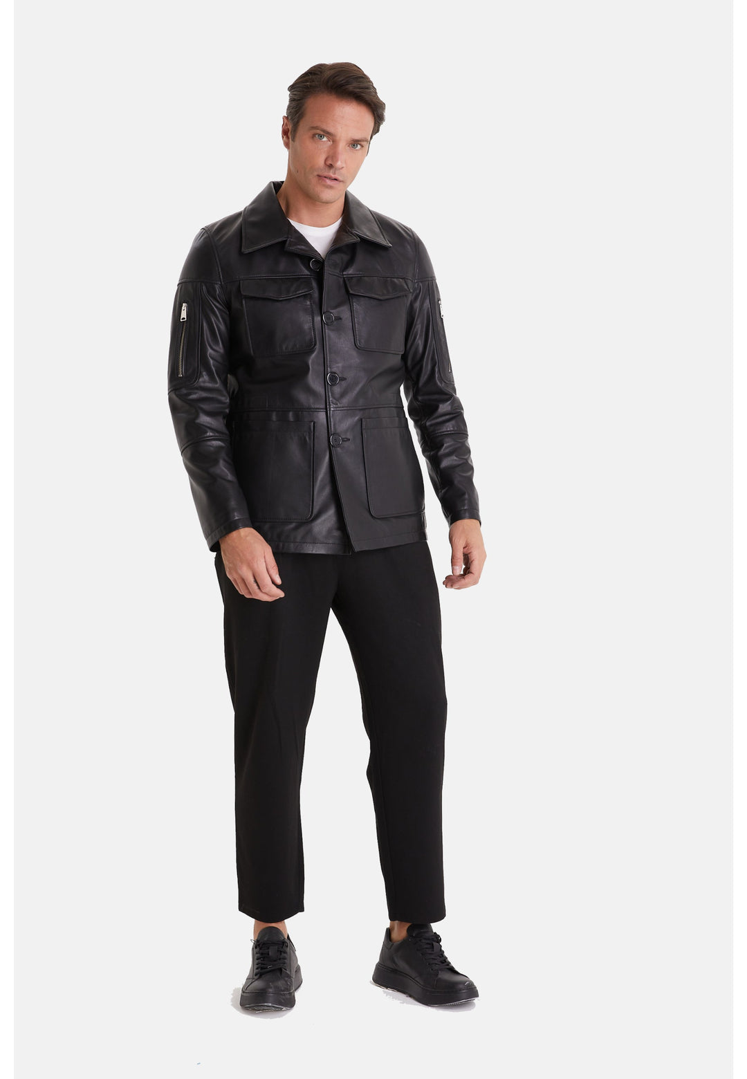 Man wearing black leather jacket