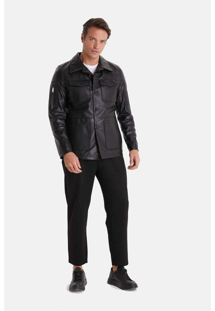 Man wearing black leather jacket