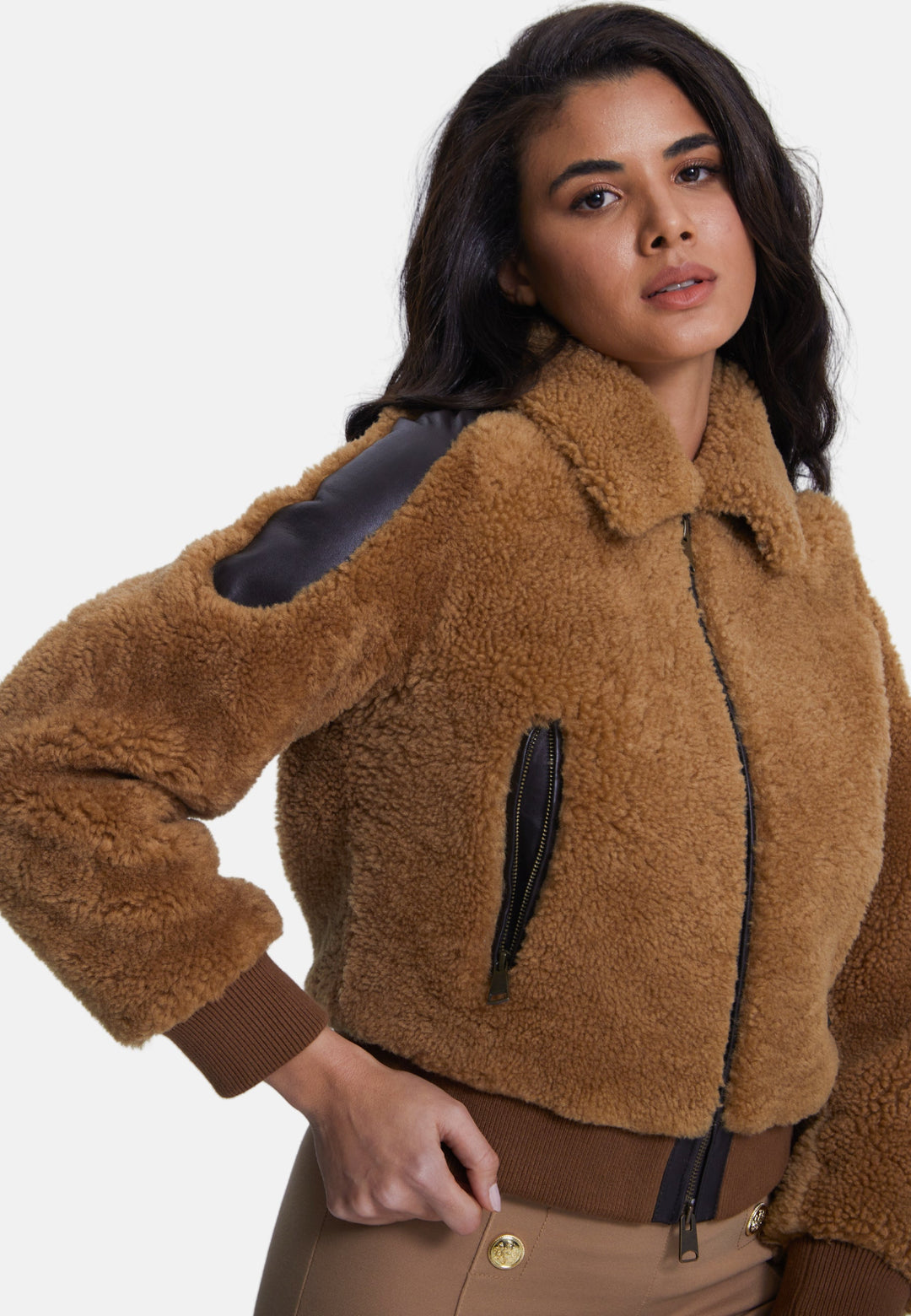 Brown sheepskin teddy jacket on model
